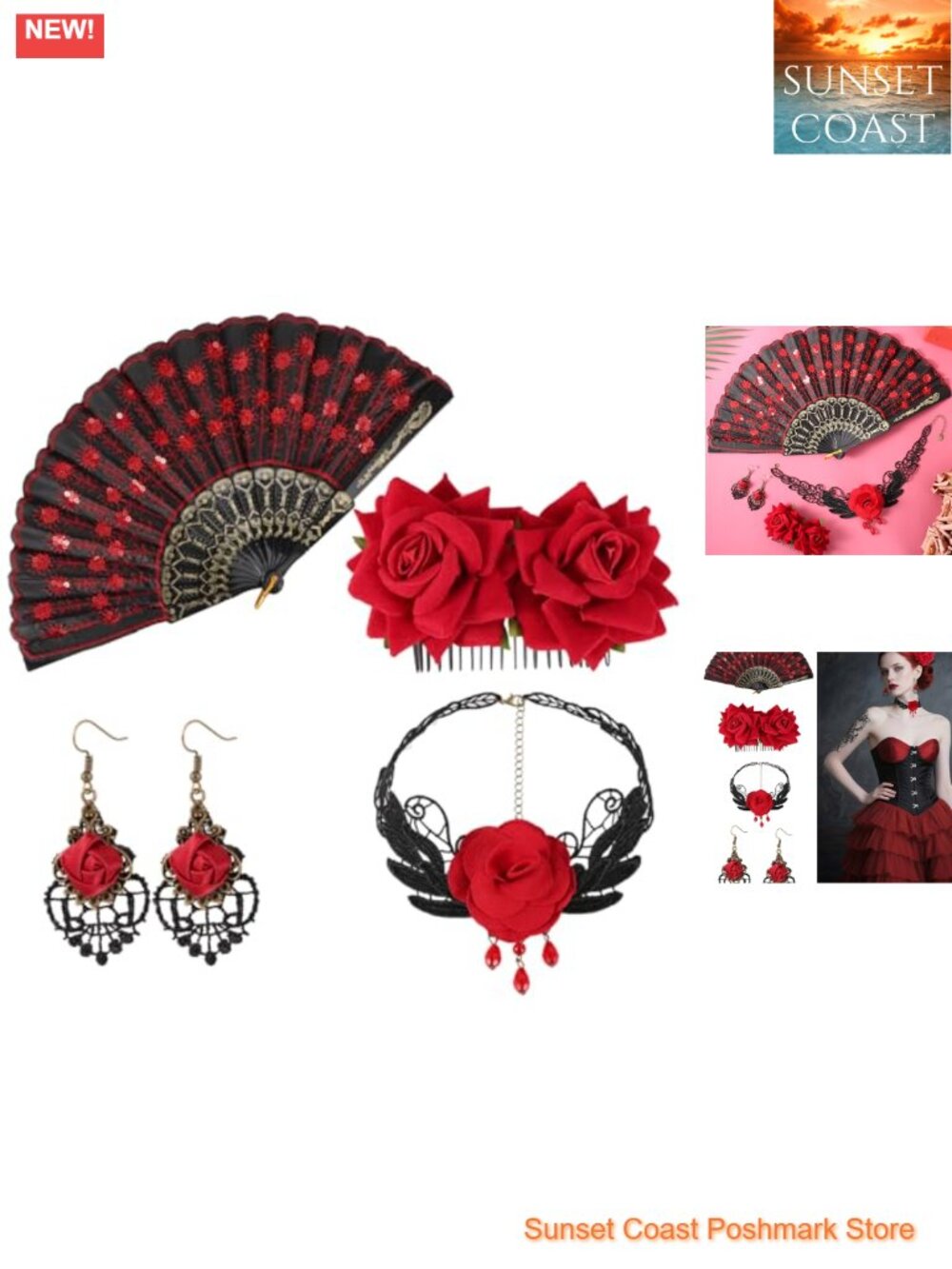 Flamenco Accessories Set Fabric Flower Hair Clip Folding Fan Necklace Costume
